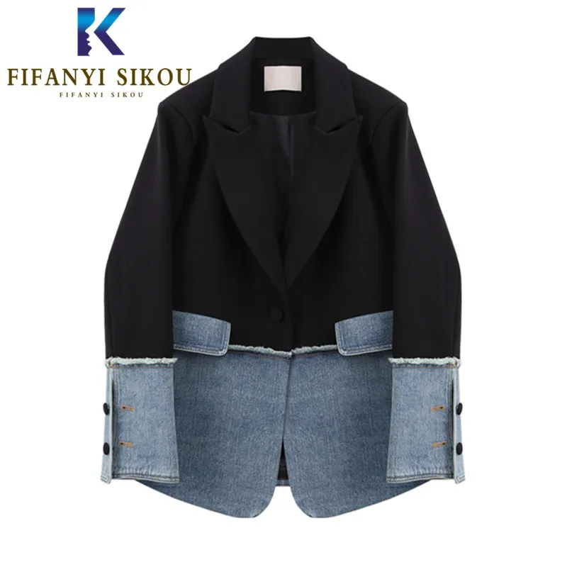 Black Denim Splice Blazers Coat Women High quality Single Button Suit Coat Lady Streetwear Loose Stylish Blazer Jacket Outerwear