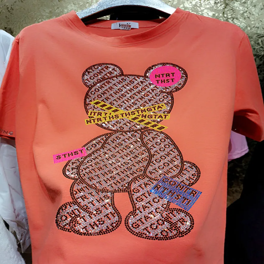 

6XL!Rhinestone Heavy Industry Cartoon T-SHIRT Women extra-large big bear cotton top tees