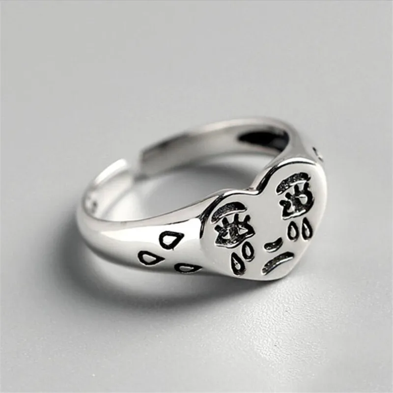 Simple Creative Sad Cry Face 925 Sterling Silver Jewelry Personality Tearful Expression Heart Shaped Opening Rings TYB444