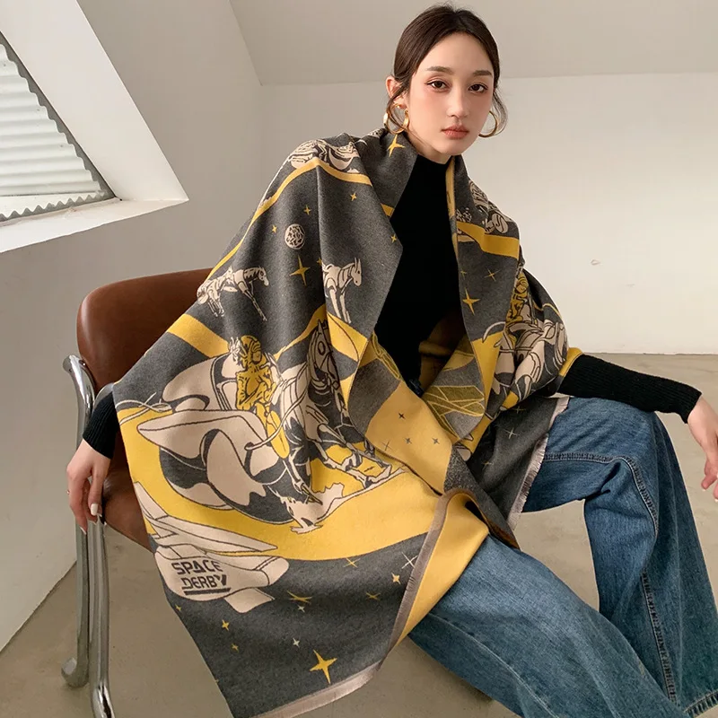 

New Woman Fashion Western style Retro Carriage Starry sky Printing Imitation Cashmere Shawl Multifunction Decorate Warm Scarf