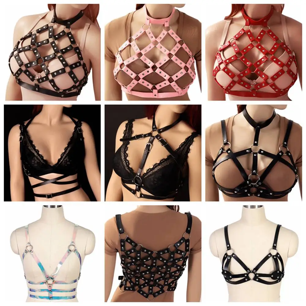 

Erotic Lingerie Set Punk Faux Leather Tops Cage Bra Gothic Style Harness For Women Belt Waist Size Suspender Costume Pole Dance