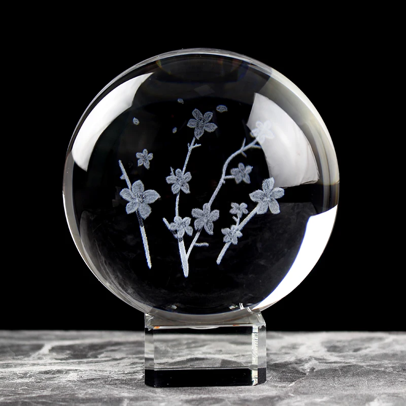 Fashion Japan Sakura Crystal Ball 3D Laser Engraved Oriental Cherry Glass Decorative Ball Sphere Romantic Wedding Gifts