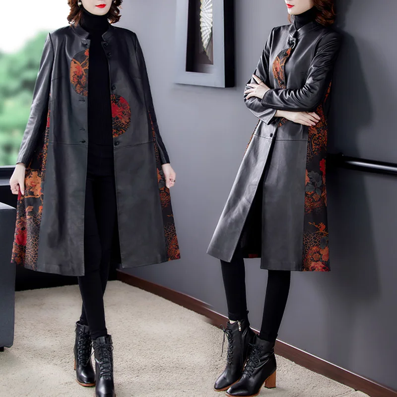 Outono e inverno mais tamanho mãe usar nova moda magro preto blusão jaqueta na moda feminina high-end couro trench coat