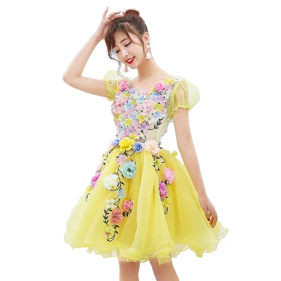 

Free ship yellow/blue bubble flowers tutu lovely sleeve short lolita dress/stage performance/studio/can customs size