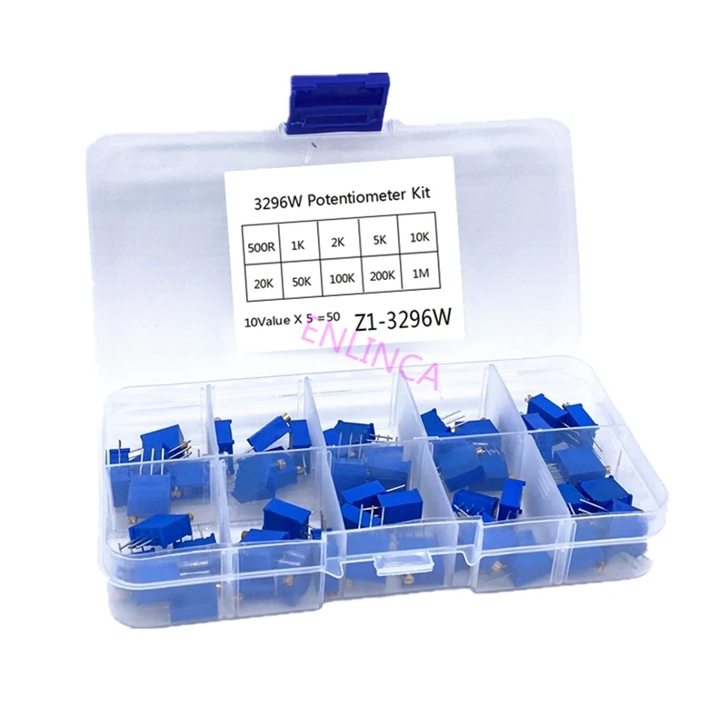 

50pcs/lot 3296W Series 500R 1K 2K 5K 10K 20K 50K 100K 200K 1M Multi-turn Potentiometer 10K Variable Resistors with Box Set