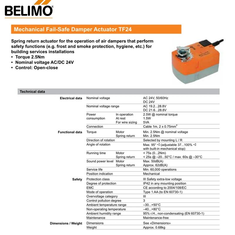 BELIMO HAVC Ventilation TF24 2.5NM แอคชูเอเตอร์คืนแบบสปริงสําหรับการทํางานของแดมเปอร์อากาศที่ดําเนินการฟังก์ชันความปลอดภัย