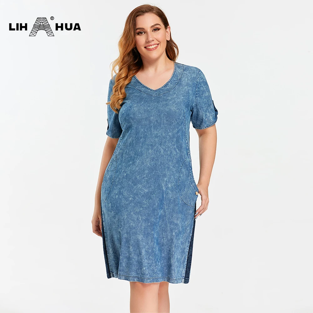 LIH HUA Women's Plus Size Denim Dress Summer Slim Dress Casual Dress Cotton Woven Denim Short Sleeves