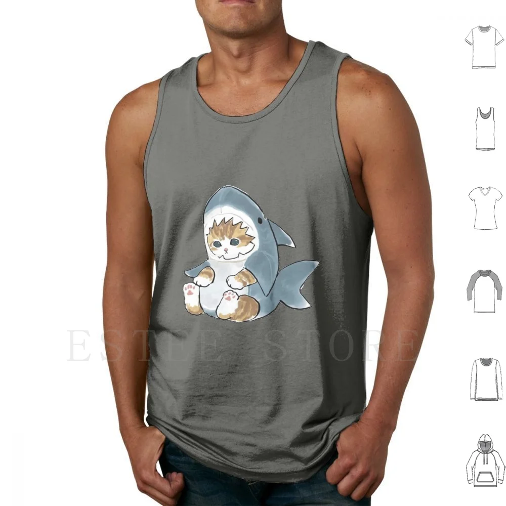 Cute Cat Aesthetic Kawaii Chibi Tank Tops Vest Sleeveless Cat Shark Cat Bengal Cat Cartoon Cat Shark Puppet Blue Shark