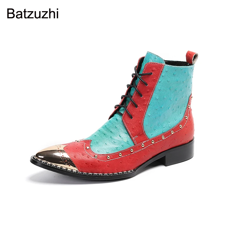 Batzuzhi New Personality Men Ankle Boots Pointed Toe Genuine Leather Ankle Boots Men Color Lace-up Party/Wedding Botas