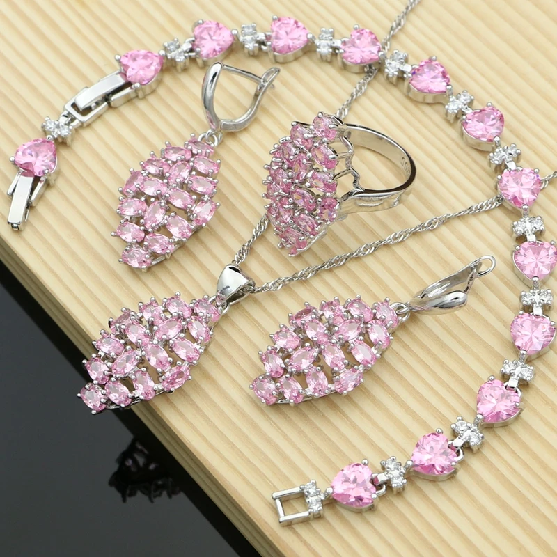 

925 Silver Jewelry Sets Natural Pink Topaz Gemstone for Women Earrings/Pendant/Rings/Bracelet/Necklace Set Dropshipping