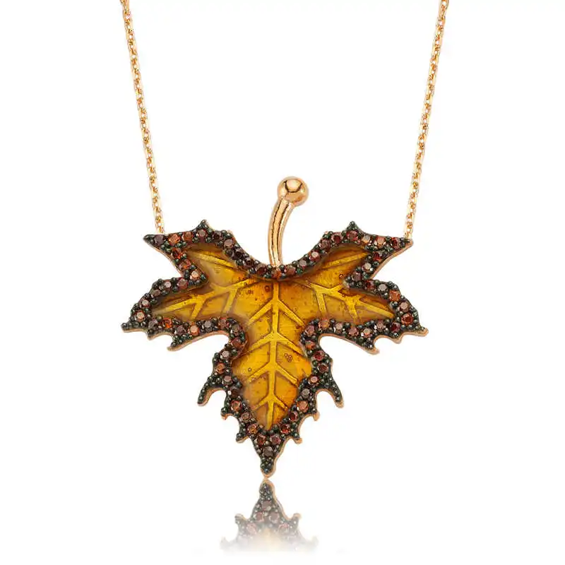 Silver Autumn Sycamore Leaf Pendant Zircon Stone  925 Sterling Women Fine Jewelry Wedding Party Birthday Gift - Box - Jeweled - Pendant - Chain Choker - Female - Ladies - Fashion