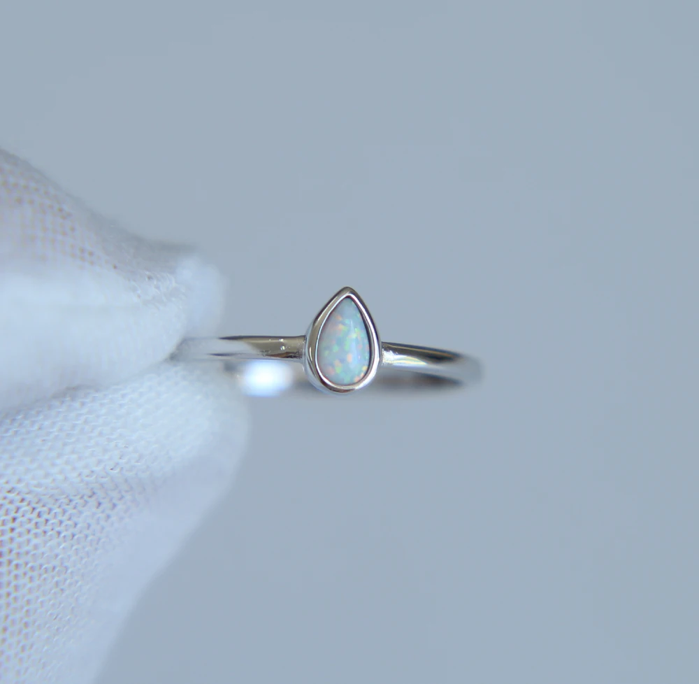 100% 925 Sterling Delicate Rings Minimalist Single Tear Drop Opal Stone Paved Simple Thin Small Ring