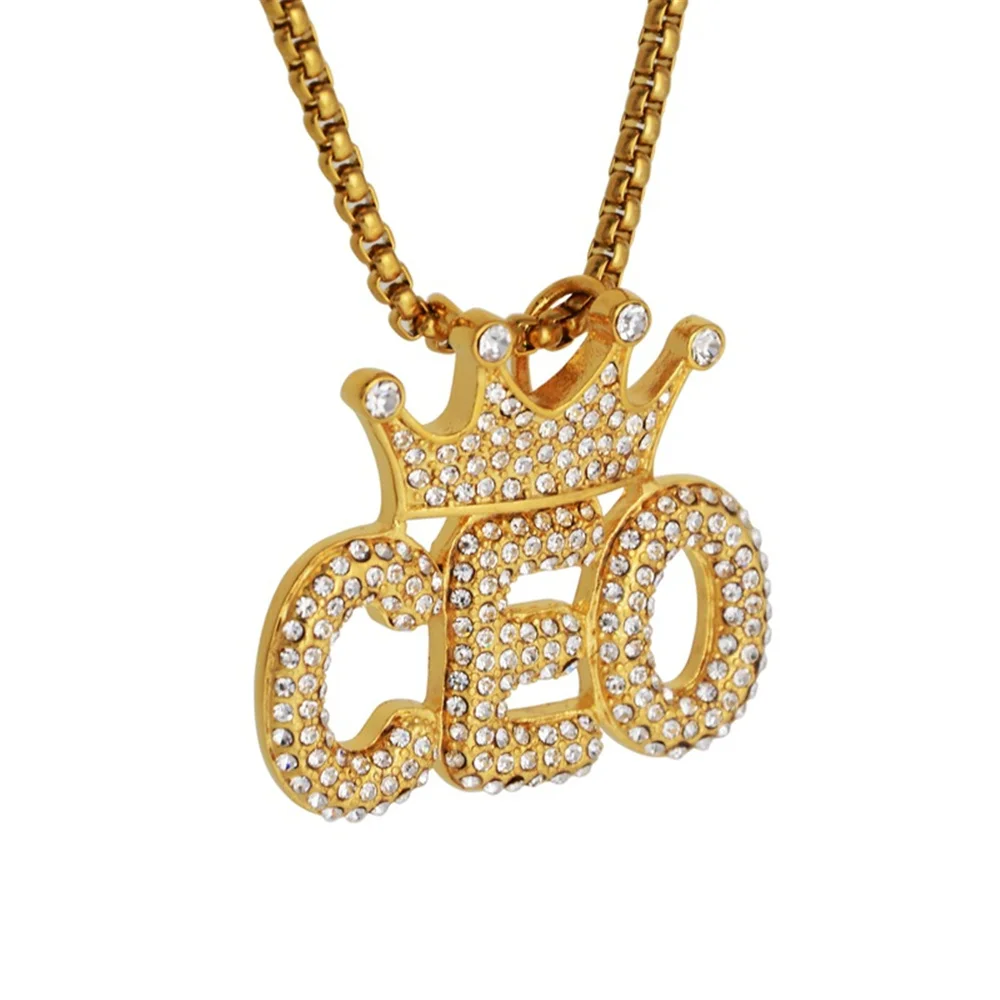 Hip Hop Iced Out Crown Letters CEO Pendants Necklaces Gold Color Stainless Steel Chains For Men Women Cubic Zircon Bling Jewelry