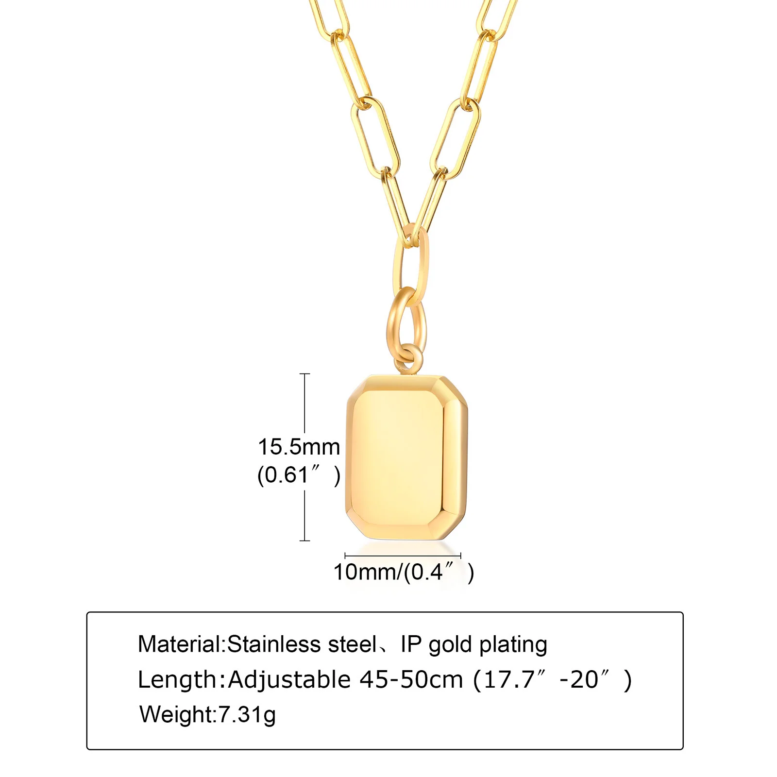 Square Rectangle Necklace Pendant for Wome, Adjustable Perpaerclip Chain Link, Stainless Steel Minimalism Wholesale Jewelry image 6