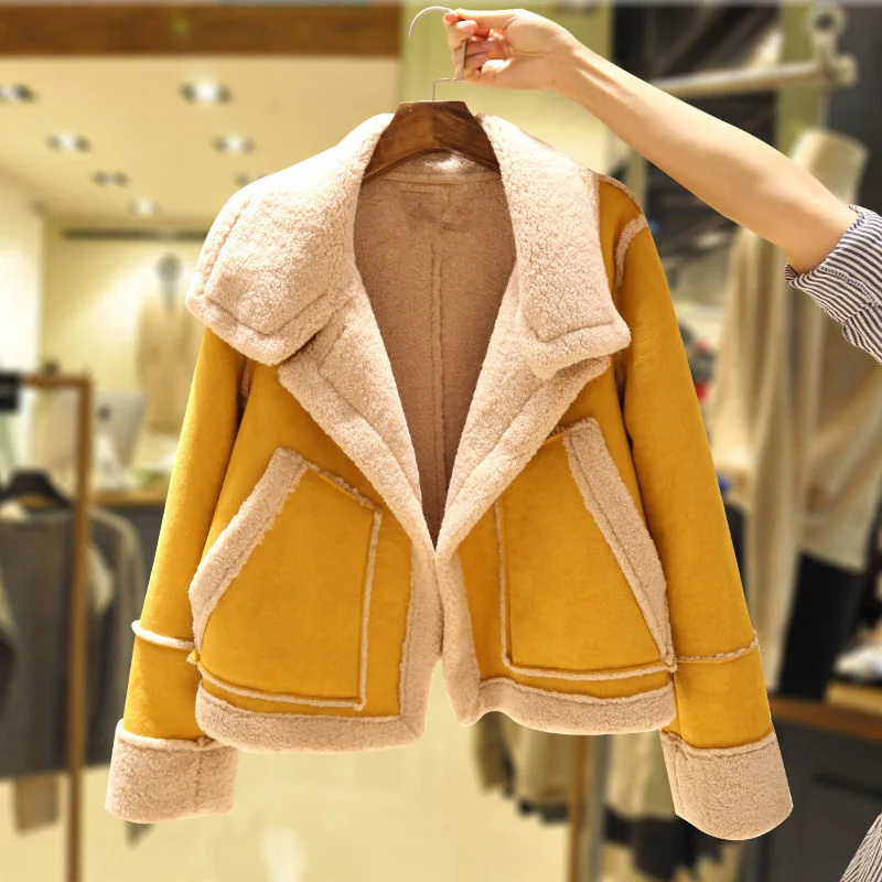 2024Autumn Winter Women New Korean Short Faux Deerskin Wool Lamb Wool Coat Female Fashion Thick Warm  Clothing Jacket Trend A701