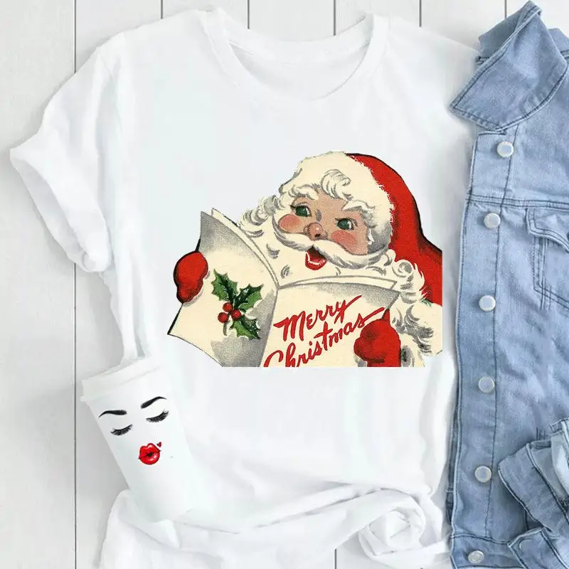 หญิงสุภาพสตรีพิมพ์เสื้อผ้า Tops Tees Tshirt เสื้อยืดผู้หญิงฤดูหนาวต้นไม้คริสต์มาสมีความสุขปีใหม่