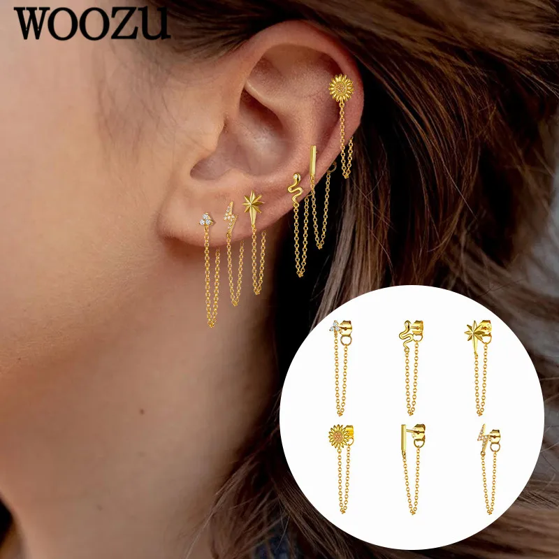 WOOZU 925 Sterling Silver European Lightning Snake Chain Tassel Stud Earrings For Women Rock Party Korean Fashion Jewelry Gifts