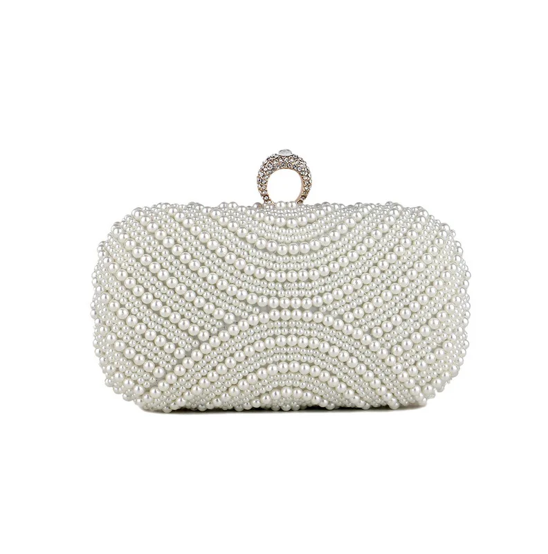 Beaded Women Evening Bags Pearl Finger Ring Day Clutch Wedding Bridal Handbags Full Pearl Embroidery Holder Purse