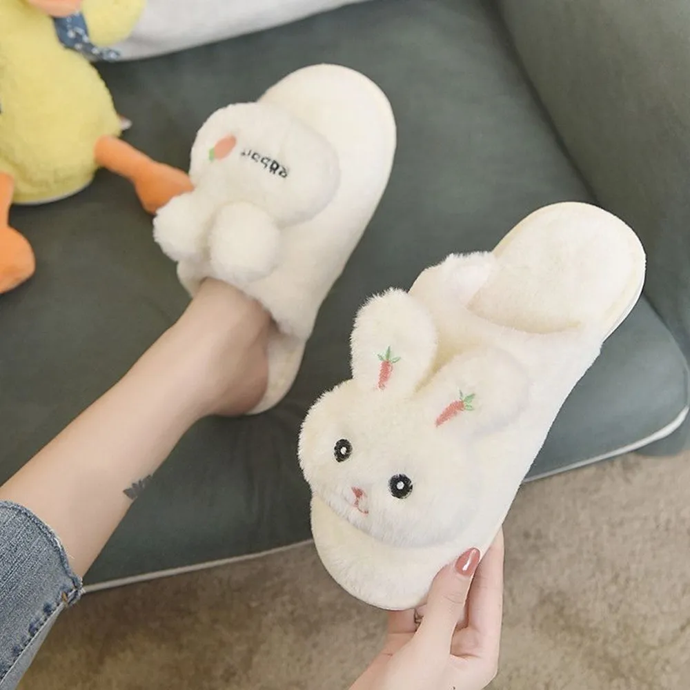 2024 Cute Rabbit & Carrot Plush Slippers Women Autumn Winter Indoor Soft Bottom Warm Slippers Couple Home Cotton Slippers 36-45