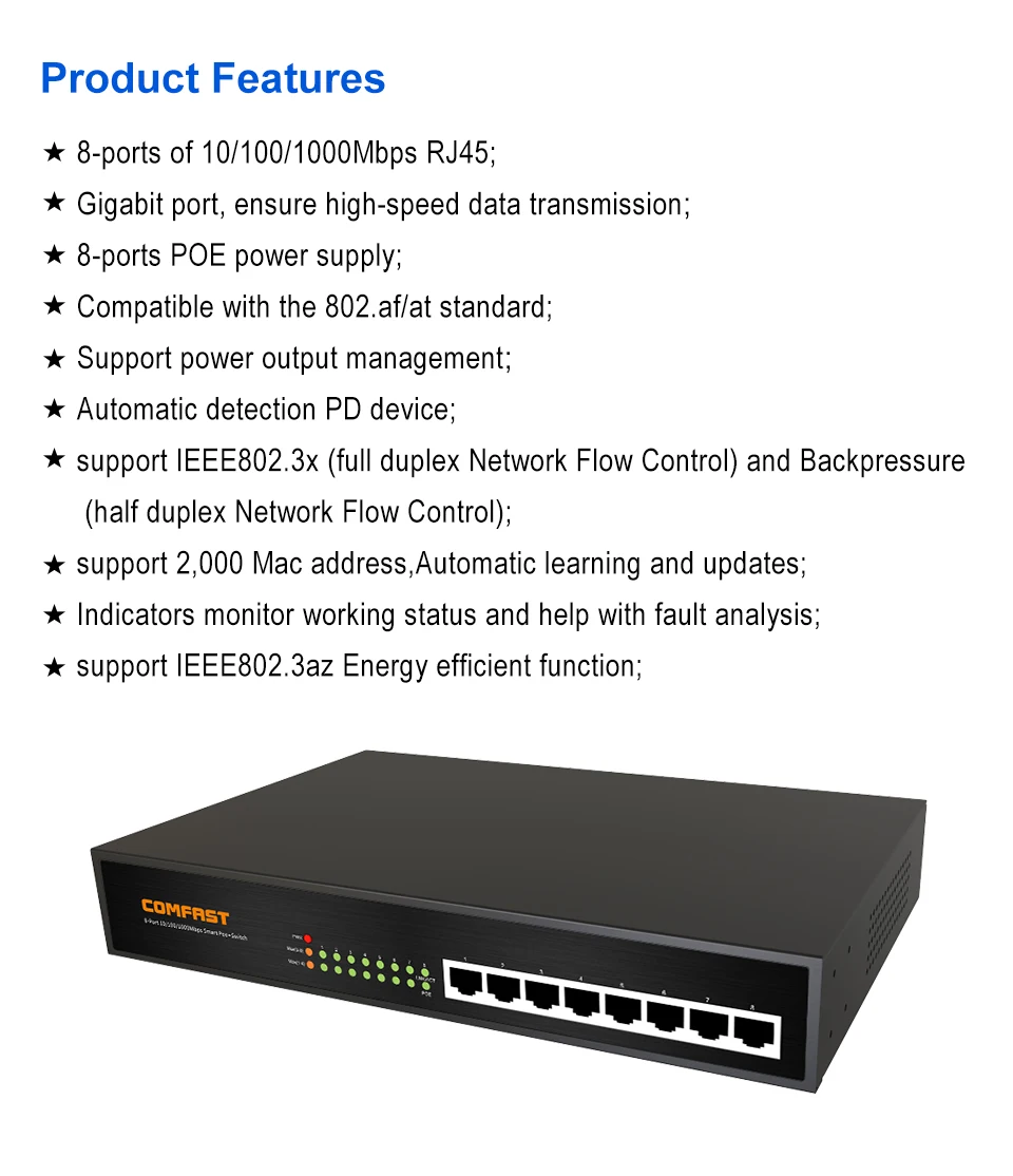 Imagem -02 - Comfast 10 Portas 100m Inteligente Poe Switch Portas 100m Poe Mais Portas 100m Uplink Porta de Rede Potência 150w Cf-sg181p