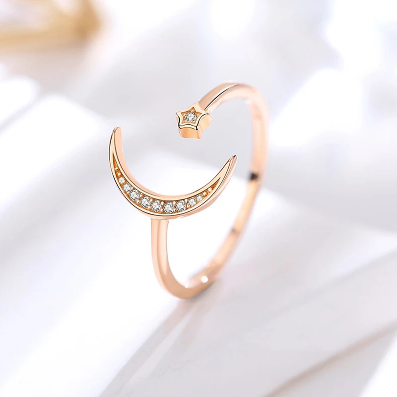 

925 Sterling Silver Minimalist Zircon Moon Star Opening Ring For Charming Women Party Fine Jewelry Cute Gift