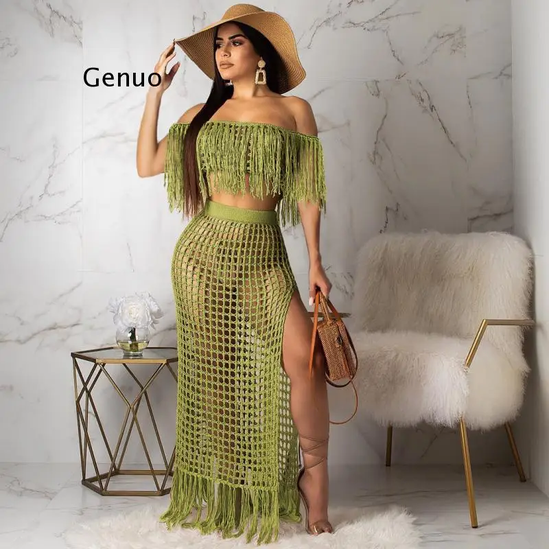 Tassel Fishnet Mesh Summer Beach Women Two Piece Set Hollow Out Sexy Off Shoulder Crop Top and Split Long Skirt Boho Suits