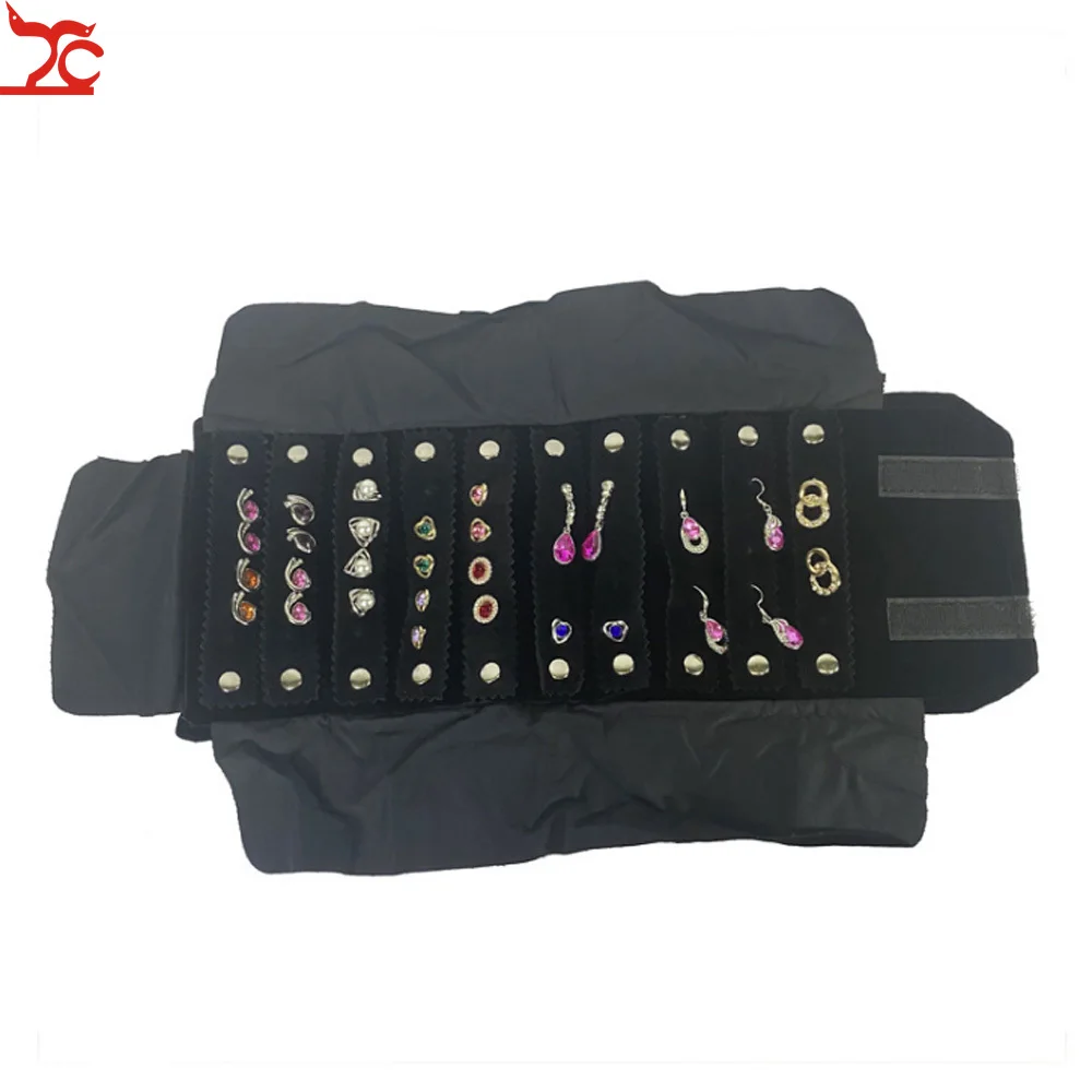 Factory Mini Velvet Jewelry Display Storage Pouch Black Foldable Earring Stud Ring Necklace Jewelry Organizer Travel Roll Bag