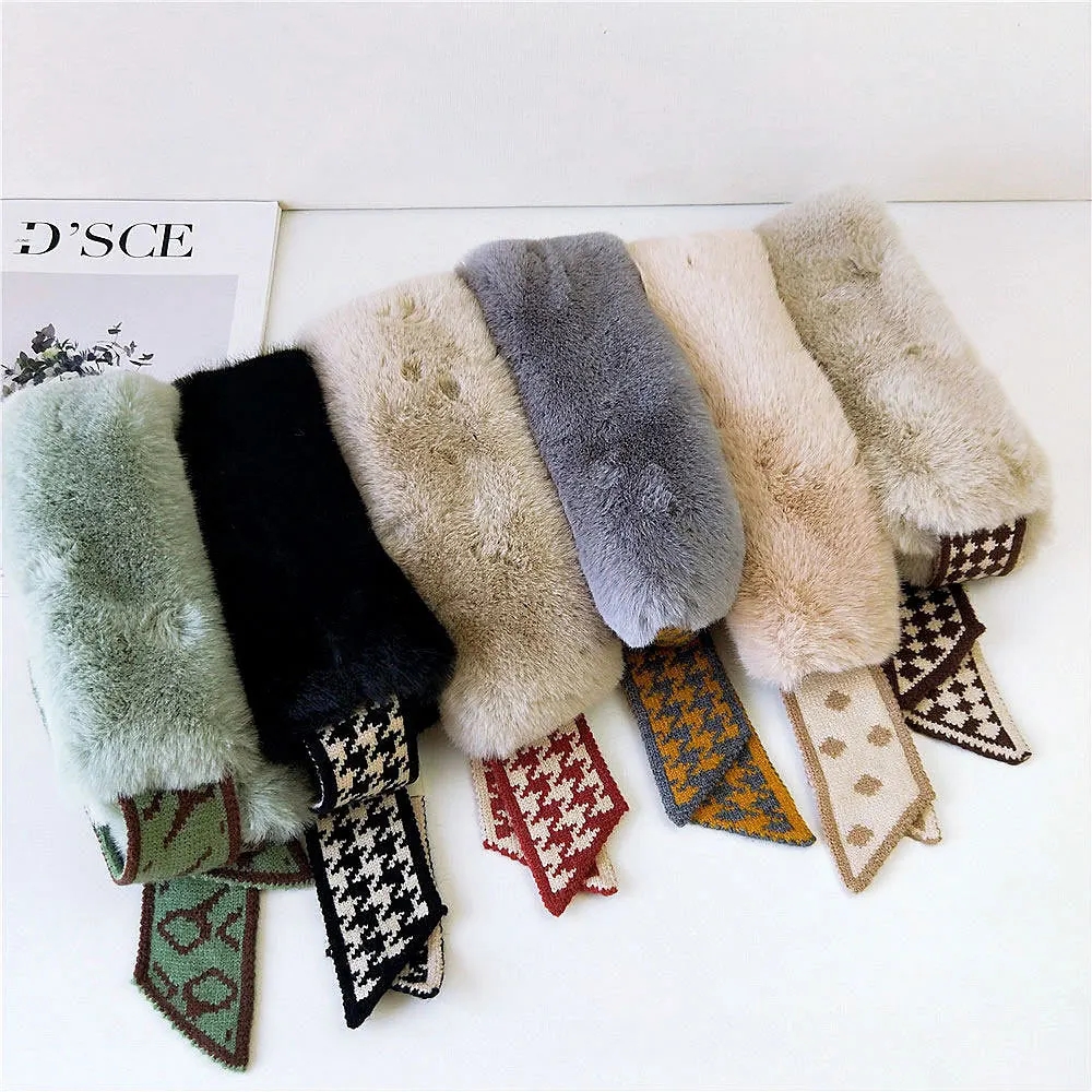 Women Winter Soft Warm Thick Fluffy Faux Fur Collar Long Narrow Knitted Houndstooth Skinny Scarf Neckerchief