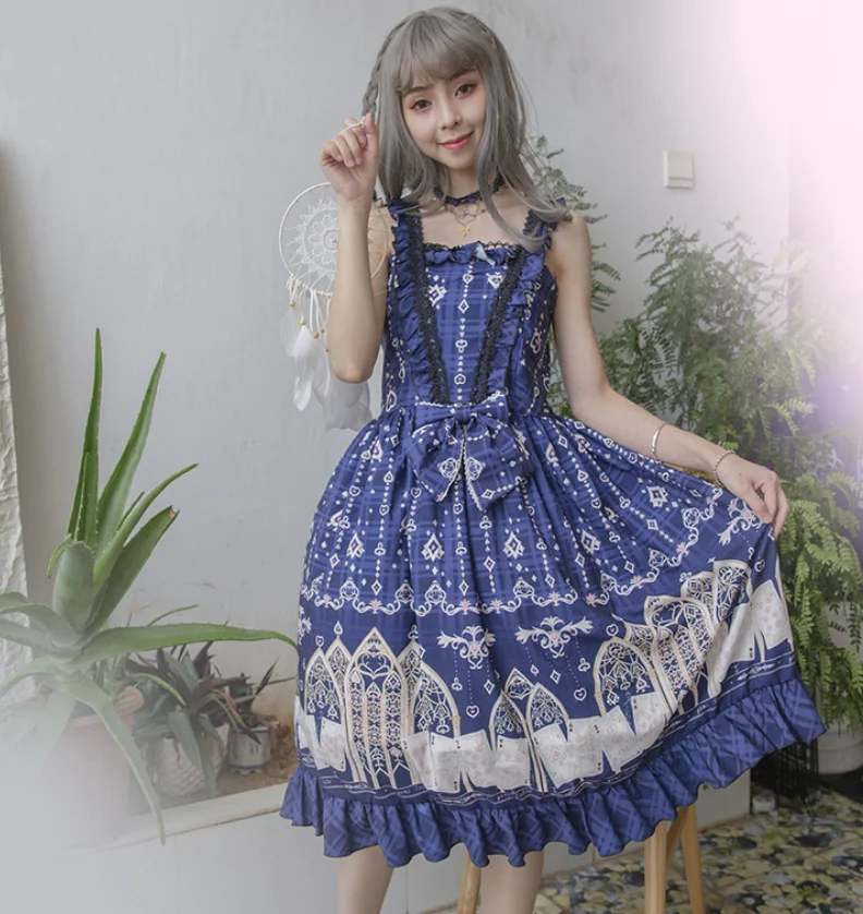 Robe à bretelles vintage lolita cos loli pour fille, tenue de princesse victorienne, taille haute, imprimée avec nœud papillon, style gothique, mignon, kawaii