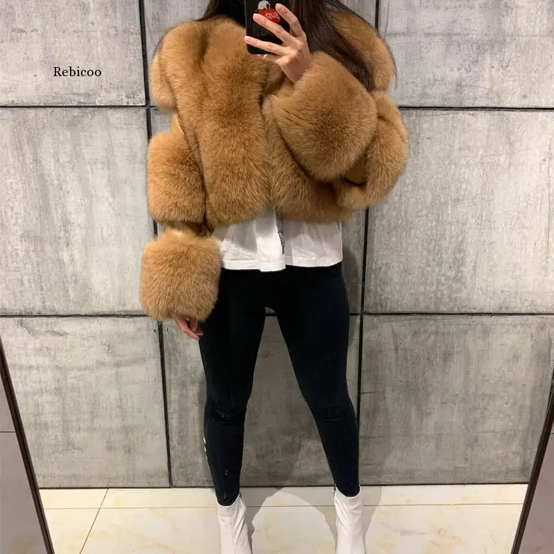 

Winter Overcoat Furry Cropped Faux Fur and Leather Patchwork Jacket Women Faux Fur Short Coat High Quality Fake Fox Fur Outwear