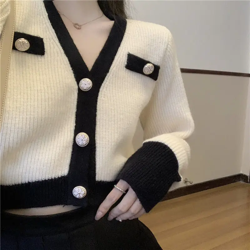 Cropped Cardigan Women Patchwork Knitting Spring Vintage Design Temperament French Leisure Simple Cozy Popular Feminine Trendy