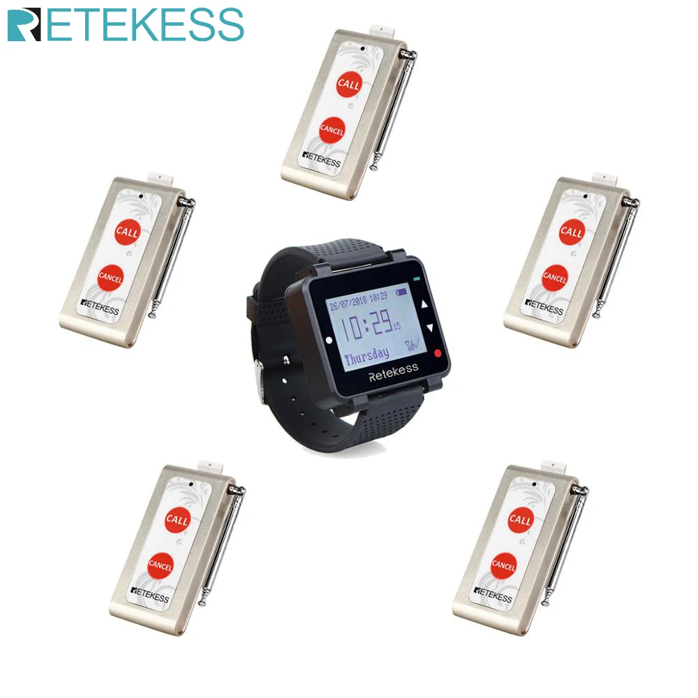 Retekess Wireless Calling System Wireless Pager Transmitter T128 Watch Receiver+5pcs TD004 Two-Key Call Button For Cafe Bar Club