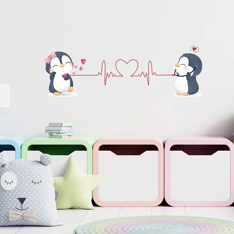 Cute Couple Penguins Wall Sticker Living Room Bedroom Background Home Decoration Cartoon Stickers Valentine\'s Day Wallpaper