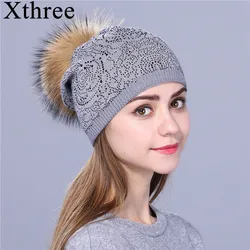 Xthree new Rhinestone Winter hat for women girl Warm Wool Knitted Beanie Skullie  Real Fur Pom Gorro Female Cap