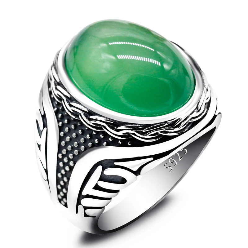 New 925 sterling silver men's ring green agate stone men's punk ring high-end retro unisex jewelry