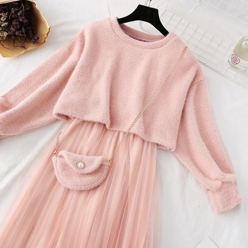 Autumn Winter Suit Women Dress Two Piece Set Casual 0-Neck Sweet Sling Mesh Midi Dress Long Sleeve Elegant A-line Vestidos