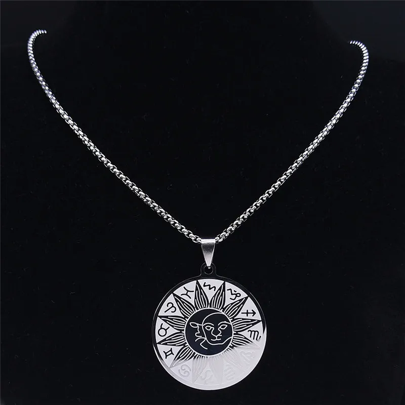 قلادة سلسلة نجمية من الفولاذ المقاوم للصدأ ، 12 كوكبة ، الشمس والقمر ، مجوهرات بلون فضي ، علامة زودياك ، 3425-QKC #3