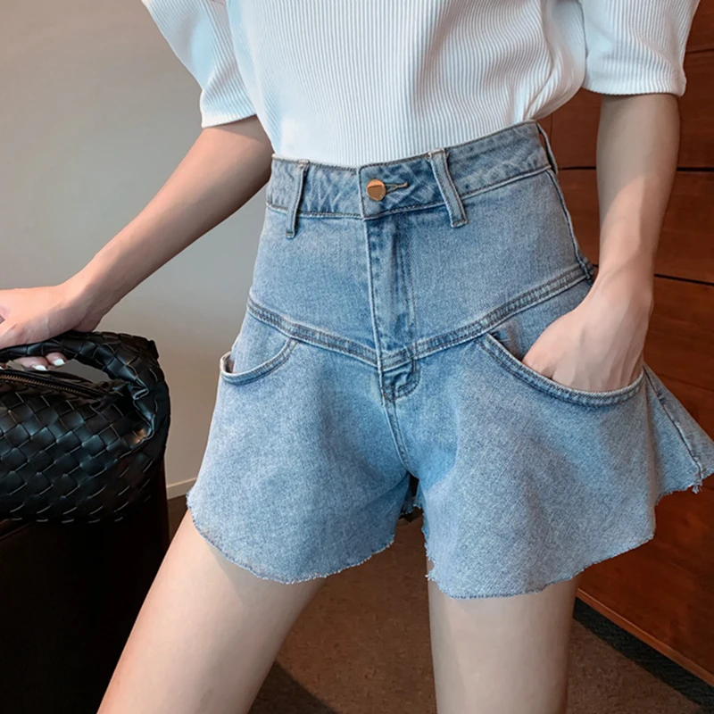 

Women Wide Leg Denim Lace Ruffles Burr Shorts New High Waist Loose Trousers Tide Fashion Spring Summer 2021 Z501