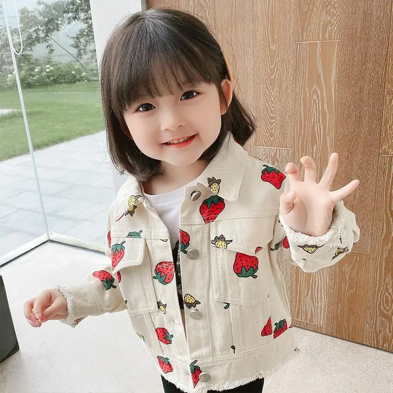 Baby Coat Girl Denim Jacket Cotton Long-Sleeved Clothes Cute Strawberry Girl Outer Coat Child jeans Children\'s Jacket 9M-6T