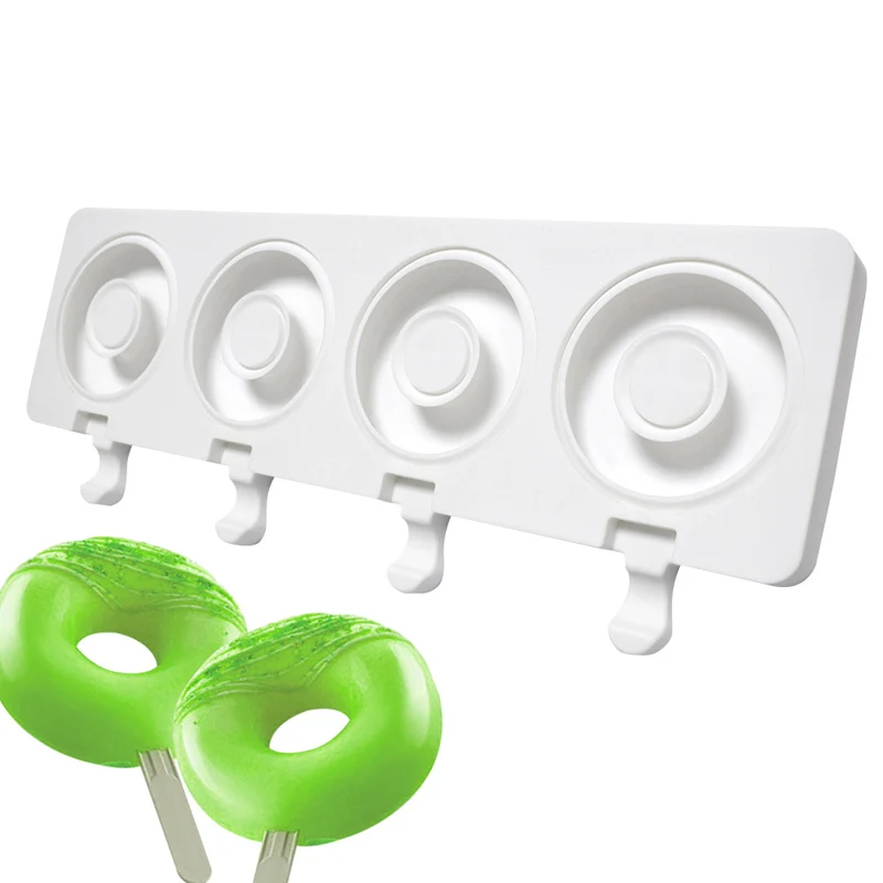 Food Grade 4 Cells Silicone Popsicle Moulds Donuts Shape Ice Cream Molds Summer Ice-lolly Tools Ice Cube Tray and Wooden Sticks