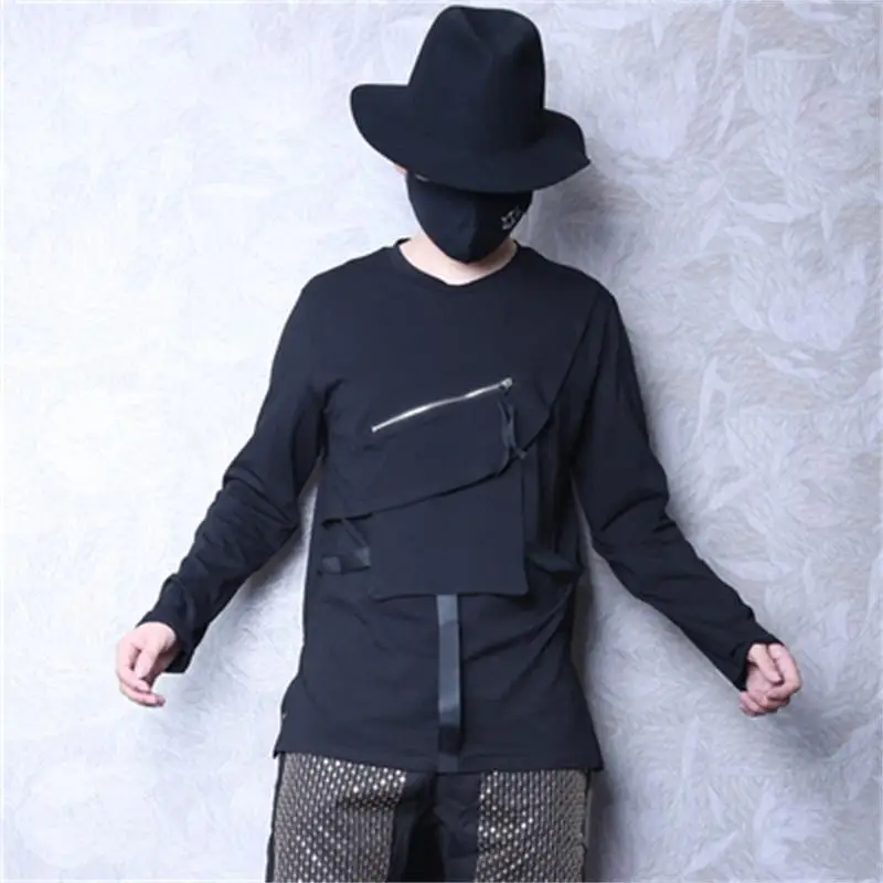 

Autumn men's fashion brand original design long-sleeved t-shirt personality Locomotive Wind Zip ribbon decoration fashion