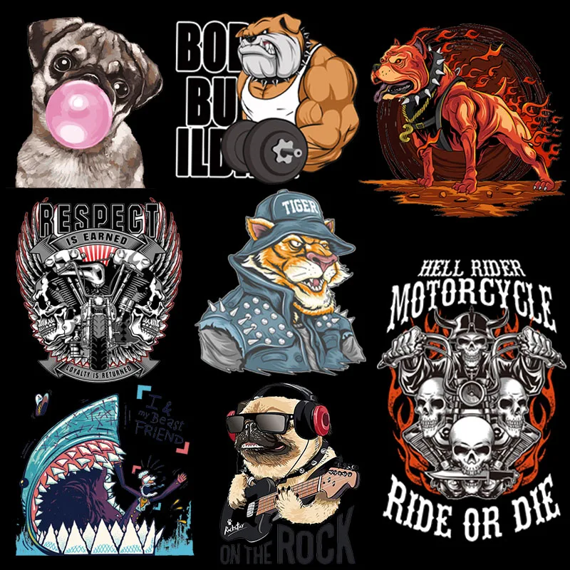 Muscles Shar Pei Dog Iron-On Transfer Patches for Clothing DIY Motorcycle Biker Applique T Shirt Heat Transfer Thermal Stickers