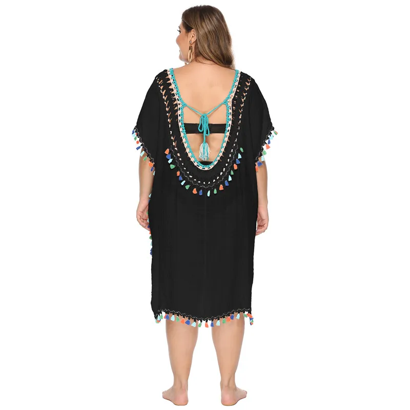 Duże rozmiary sukienki dla kobiet Bikini Tassle Beach Dress kobieta Cover Up Gehaakte Jurk 2022 letnia tunika czarny biały XL XXL XXXL