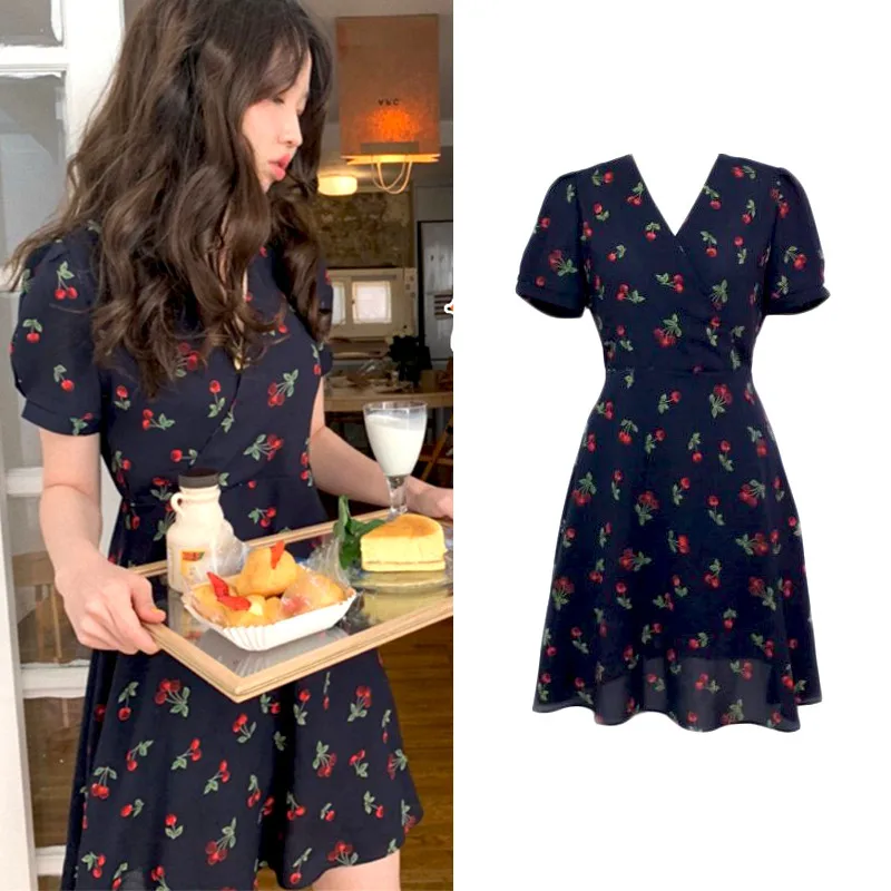 

2022 summer French style chiffon printed dress women v-neck slim printed a-line dress