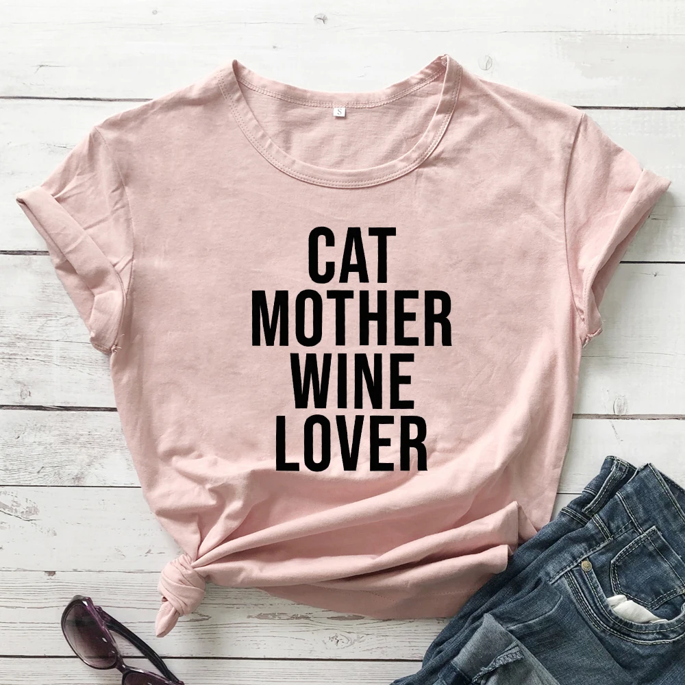 

100%Cotton Cat Mother Wine Lover T-shirt Funny Cat Mom Gift Tshirt Casual Women Slogan Hipster Grunge Tees Tops Drop Shipping