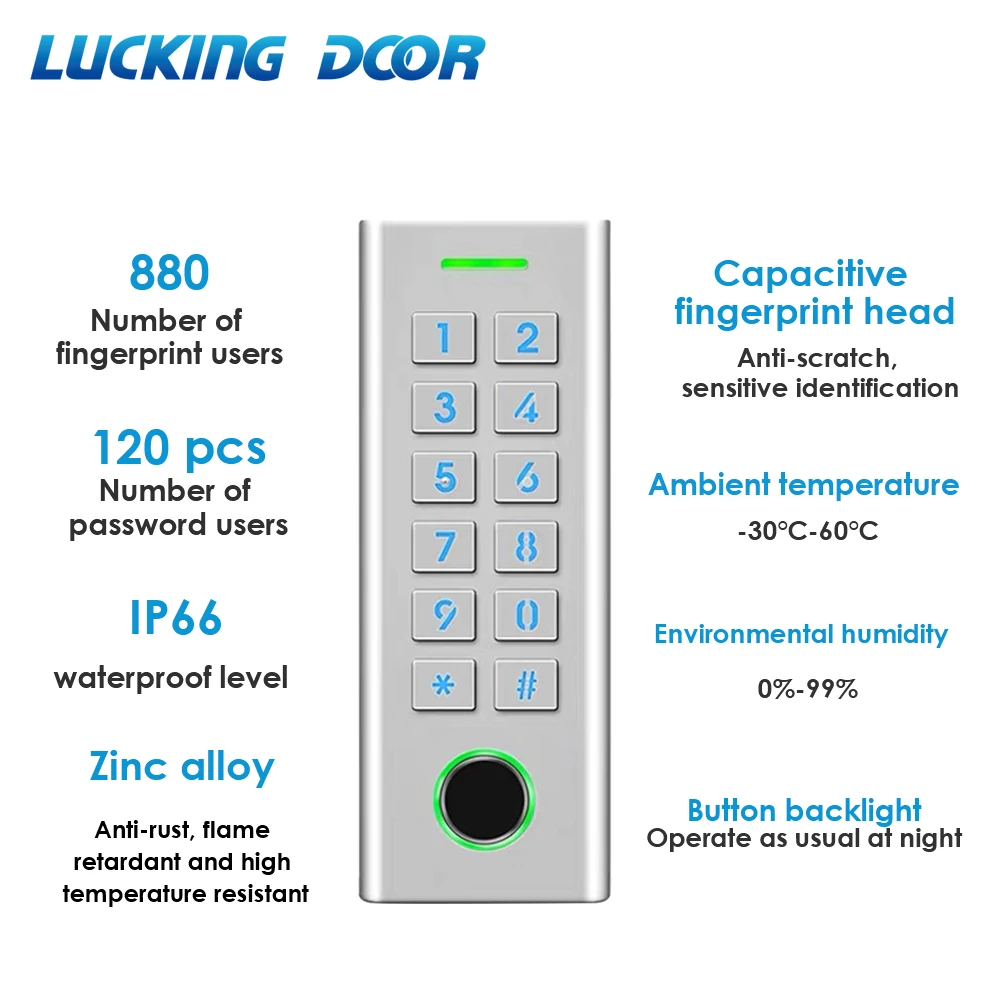 1000User Metal IP66 Waterproof Standalone Access Controller Backlight Keyboard Fingerprint for Door Access Control System 125khz