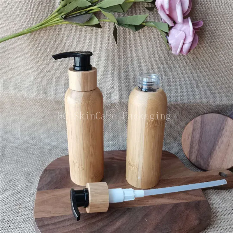 

120ml 100pcs/lot Biodegradable shampoo bottle all bamboo covered plastic inner Pump Lotion 4 oz bamboo cosmetic containers