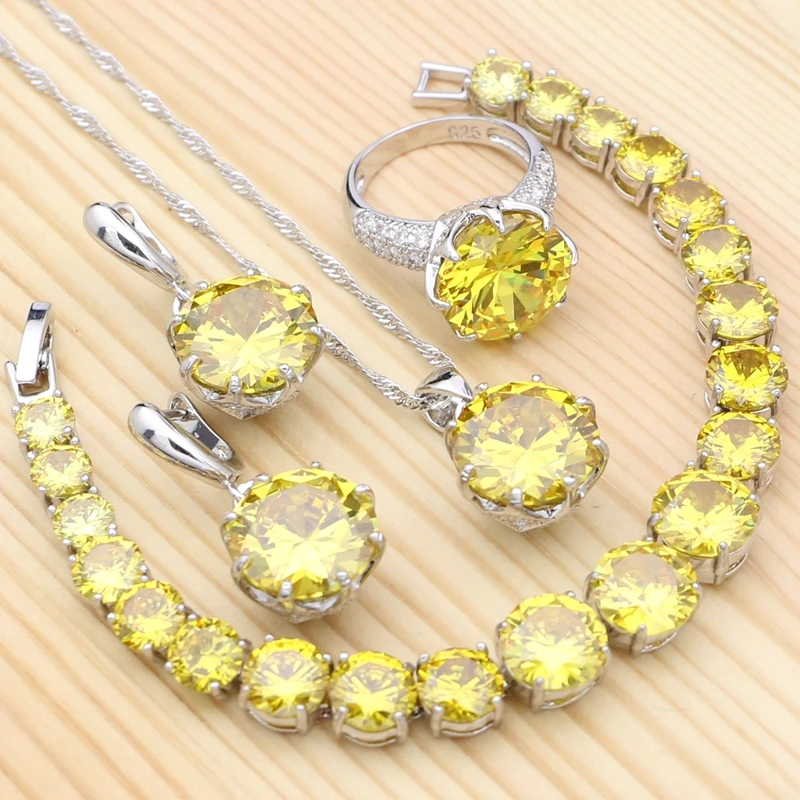 Silver 925 Jewelry Sets For Women Party Accessories Yellow Cubic Zirconia White Crystal Ring Bracelet Necklace Pendant Earrings