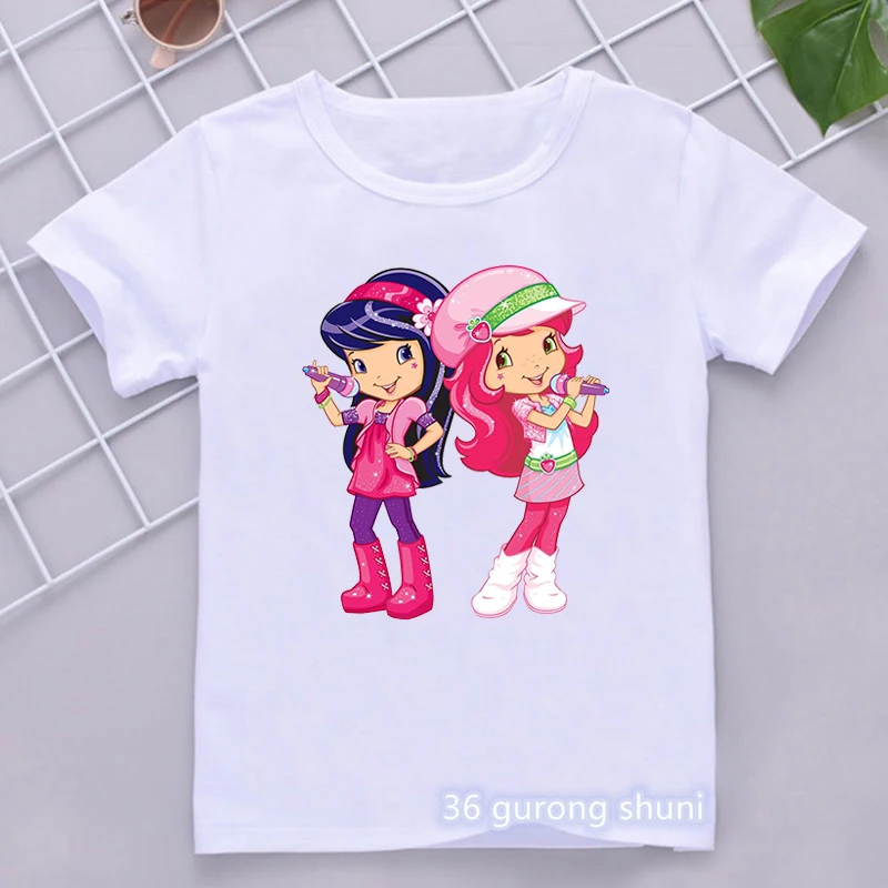 New arrival 2024 girls t-shirt cute strawberry music girl cartoon print girls clothes summer children tshirt white camisole tops