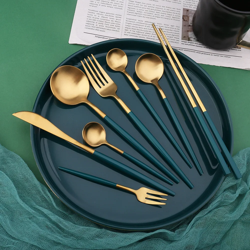 

KuBac Silverware Set 24 Piece 18/10 Stainless Steel Cutlery Set Luxury Green and Matte Gold Wedding Event Use Service for 6